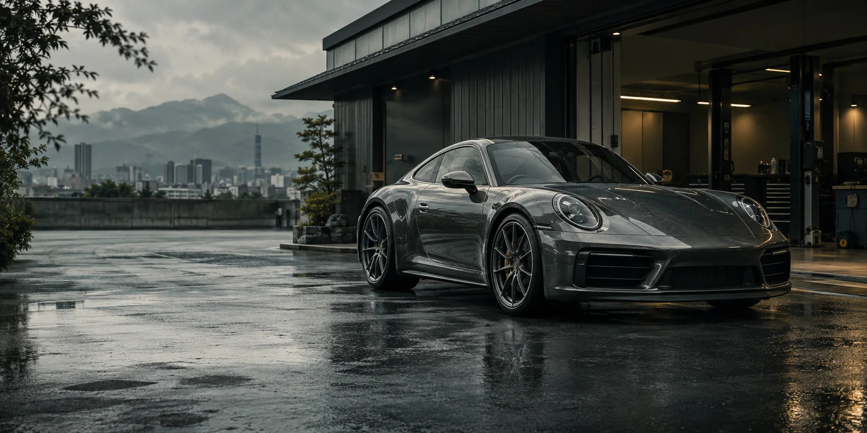 Imported sports car outside a Japanese workshop, illustrative image